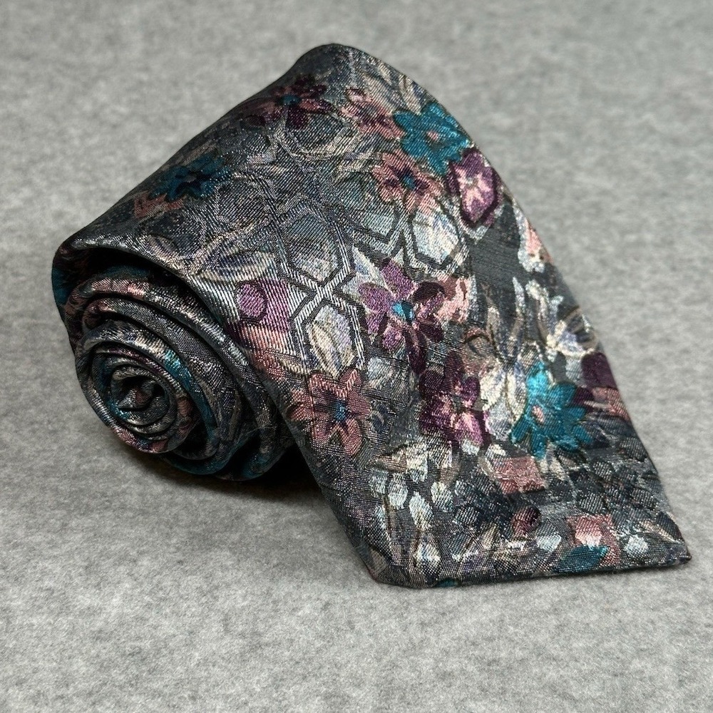 Vintage Botany 500 Silk Tie Gray Floral Geometric USA 90s Classic 53x3.5in